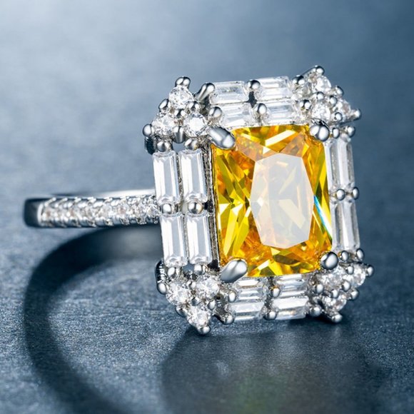 Jewelry - NEW Silver Emerald Cut Citrine Halo Ring